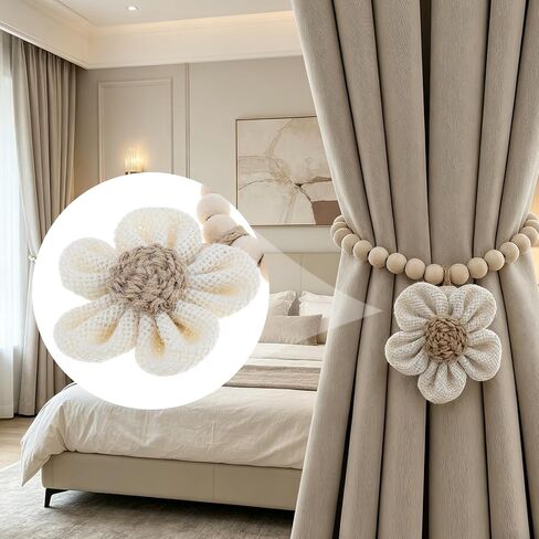 Magnetic Curtain Tiebacks with Wood Bead,2Pcs Boho Beige Flower Curtain Tie | Magnetic Closure Decorative Drapery Holders for Farmhouse,Bedroom,Living Room in Saudi Arabia
