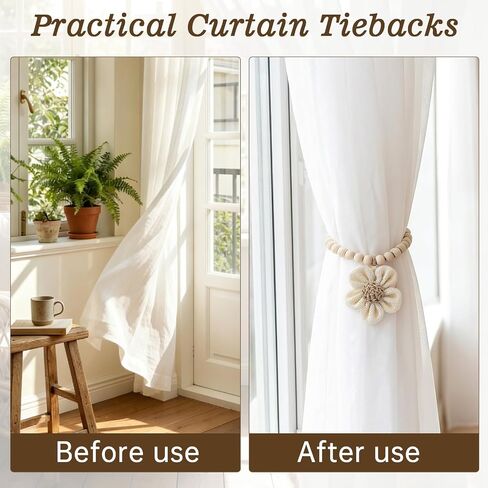 Magnetic Curtain Tiebacks with Wood Bead,2Pcs Boho Beige Flower Curtain Tie | Magnetic Closure Decorative Drapery Holders for Farmhouse,Bedroom,Living Room in Saudi Arabia