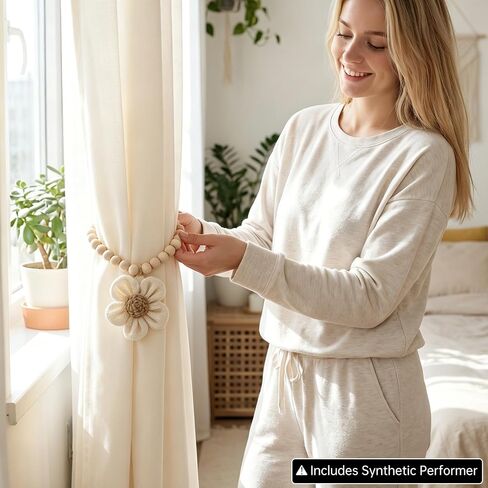 Magnetic Curtain Tiebacks with Wood Bead,2Pcs Boho Beige Flower Curtain Tie | Magnetic Closure Decorative Drapery Holders for Farmhouse,Bedroom,Living Room in Saudi Arabia