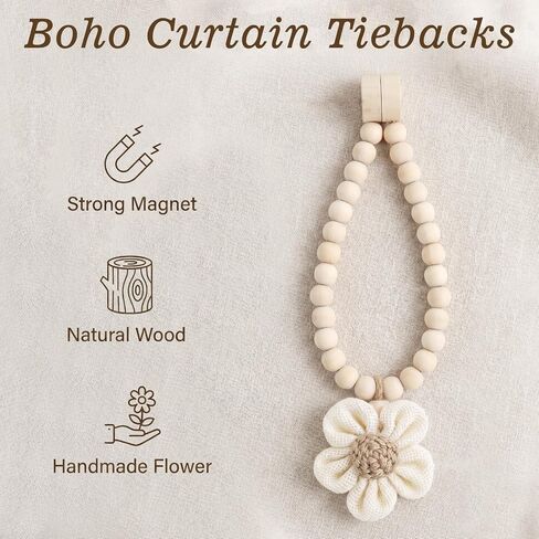 Magnetic Curtain Tiebacks with Wood Bead,2Pcs Boho Beige Flower Curtain Tie | Magnetic Closure Decorative Drapery Holders for Farmhouse,Bedroom,Living Room in Saudi Arabia