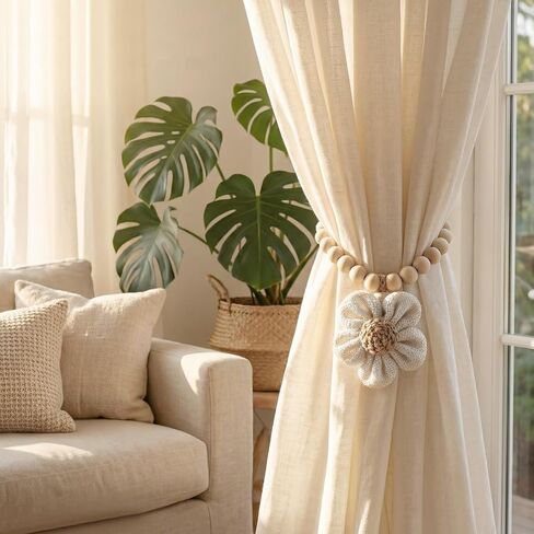 Magnetic Curtain Tiebacks with Wood Bead,2Pcs Boho Beige Flower Curtain Tie | Magnetic Closure Decorative Drapery Holders for Farmhouse,Bedroom,Living Room in Saudi Arabia