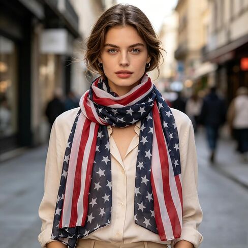 American Flag Patriotic Chiffon Scarf, 4th of July Lightweight Sheer Shawl Wrap, Versatile Beach Cover Up for Daily Wear and Holiday Celebrations, 61 X 28.3 Inch, Red White Blue in Kuwait