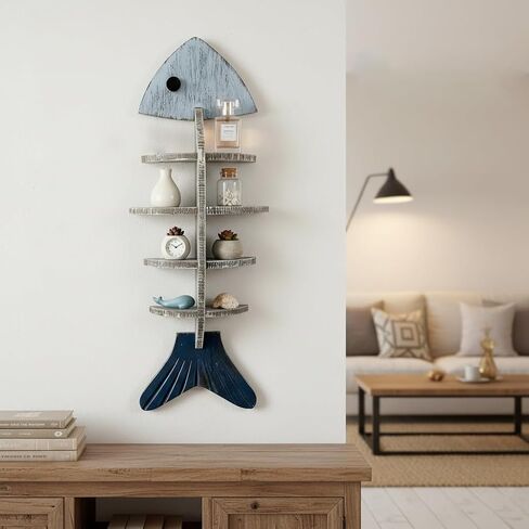 Fish Bone Wall Decor Display Shelf, Mediterranean Style Wooden Coastal Wall Art, Rustic Nautical Marine Hanging Organizer for Beach House, Bedroom, Unique Ocean Theme Decoration in Saudi Arabia