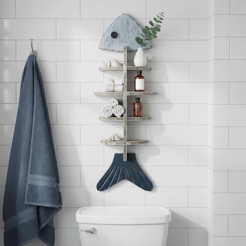 Fish Bone Wall Decor Display Shelf, Mediterranean Style Wooden Coastal Wall Art, Rustic Nautical Marine Hanging Organizer for Beach House, Bedroom, Unique Ocean Theme Decoration in Saudi Arabia