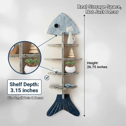 Fish Bone Wall Decor Display Shelf, Mediterranean Style Wooden Coastal Wall Art, Rustic Nautical Marine Hanging Organizer for Beach House, Bedroom, Unique Ocean Theme Decoration in Saudi Arabia