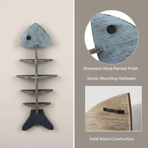 Fish Bone Wall Decor Display Shelf, Mediterranean Style Wooden Coastal Wall Art, Rustic Nautical Marine Hanging Organizer for Beach House, Bedroom, Unique Ocean Theme Decoration in Saudi Arabia