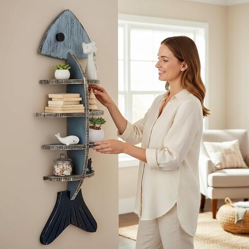 Fish Bone Wall Decor Display Shelf, Mediterranean Style Wooden Coastal Wall Art, Rustic Nautical Marine Hanging Organizer for Beach House, Bedroom, Unique Ocean Theme Decoration in Saudi Arabia