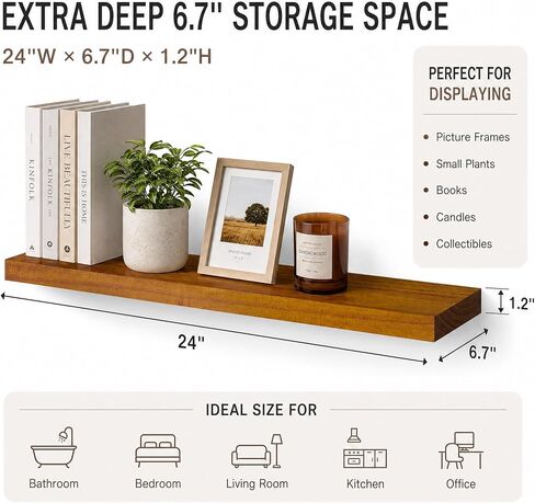 foxsky 24 Inch Solid Wood Floating Shelves for Wall Set of 2 | Hidden Bracket No-Sag Wall Shelves, Decor Storage for Homeowners DIY Home Renovation, Fit Living Room Bedroom Bathroom Kitchen Office in Saudi Arabia