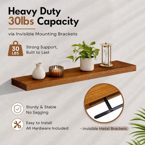 foxsky 24 Inch Solid Wood Floating Shelves for Wall Set of 2 | Hidden Bracket No-Sag Wall Shelves, Decor Storage for Homeowners DIY Home Renovation, Fit Living Room Bedroom Bathroom Kitchen Office in Saudi Arabia