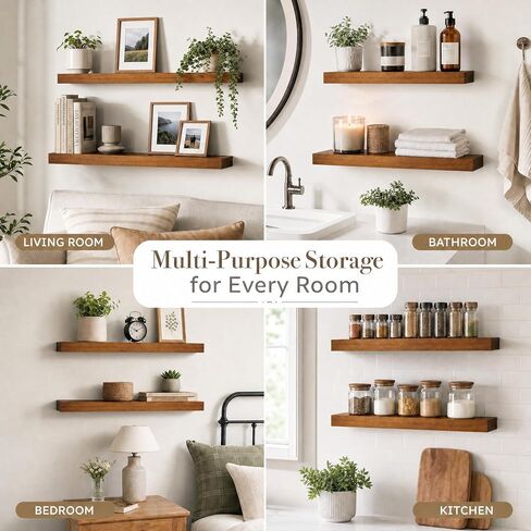 foxsky 24 Inch Solid Wood Floating Shelves for Wall Set of 2 | Hidden Bracket No-Sag Wall Shelves, Decor Storage for Homeowners DIY Home Renovation, Fit Living Room Bedroom Bathroom Kitchen Office in Saudi Arabia