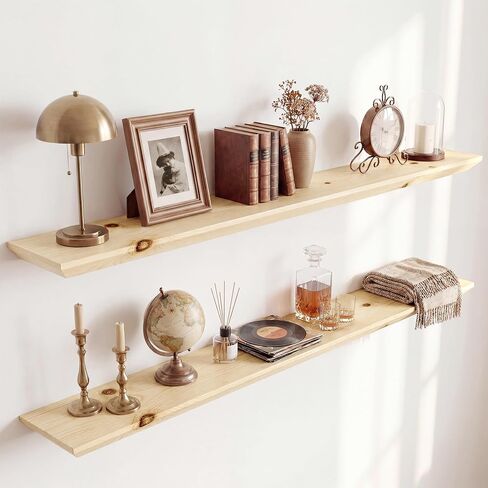 Acovy 48in Solid Spruce Wood Floating Shelves with Beveled Bottom Edges, Wooden Floating Shelf with Heavy-Duty Bracket for Living Room Bathroom Bedroom Kitchen, Rustic Natural, DIY Available, 2 Packs in Kuwait