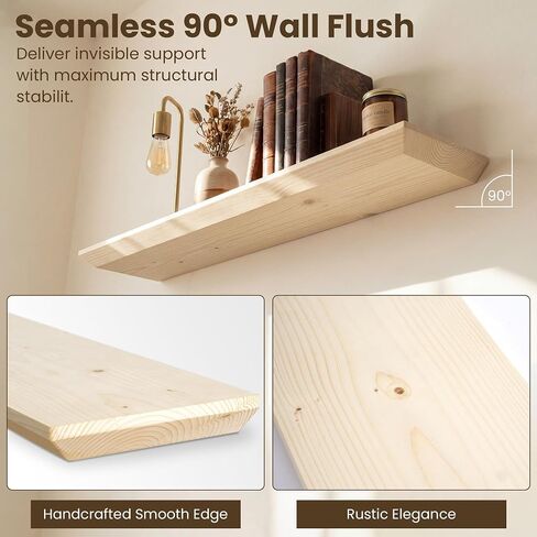 Acovy 48in Solid Spruce Wood Floating Shelves with Beveled Bottom Edges, Wooden Floating Shelf with Heavy-Duty Bracket for Living Room Bathroom Bedroom Kitchen, Rustic Natural, DIY Available, 2 Packs in Kuwait