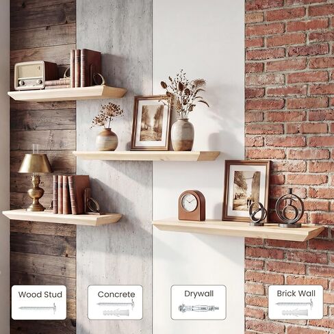 Acovy 48in Solid Spruce Wood Floating Shelves with Beveled Bottom Edges, Wooden Floating Shelf with Heavy-Duty Bracket for Living Room Bathroom Bedroom Kitchen, Rustic Natural, DIY Available, 2 Packs in Kuwait