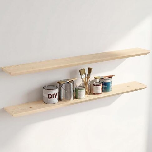 Acovy 48in Solid Spruce Wood Floating Shelves with Beveled Bottom Edges, Wooden Floating Shelf with Heavy-Duty Bracket for Living Room Bathroom Bedroom Kitchen, Rustic Natural, DIY Available, 2 Packs in Kuwait