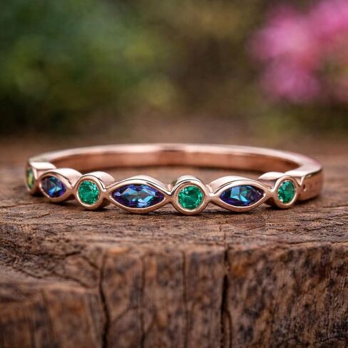 Alexandrite and Emerald Half Eternity Ring for Women, Color Changing Alexandrite Band, Rose Gold Stackable Wedding Ring, Marquise Gemstone Anniversary Band in Kuwait