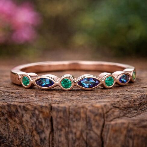 Alexandrite and Emerald Half Eternity Ring for Women, Color Changing Alexandrite Band, Rose Gold Stackable Wedding Ring, Marquise Gemstone Anniversary Band in Kuwait