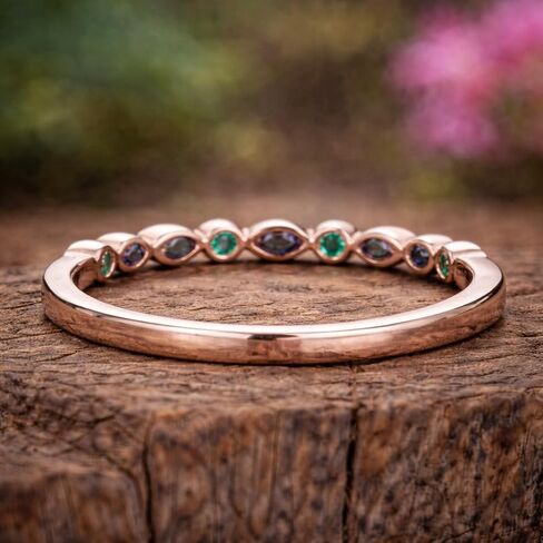 Alexandrite and Emerald Half Eternity Ring for Women, Color Changing Alexandrite Band, Rose Gold Stackable Wedding Ring, Marquise Gemstone Anniversary Band in Kuwait