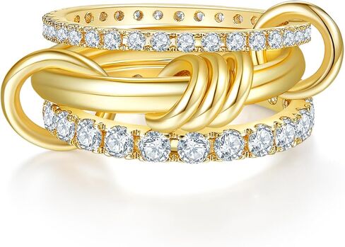 MINDDHA 14K Gold Plated Interlocked Stackable Rings for Women - Statement Multi Ring Stack - Cubic Zirconia Two-Toned Stackable Bands Stacking Jewelry 3 Row Size 4-12 in Saudi Arabia