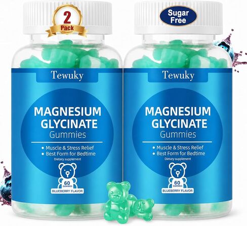 Magnesium Glycinate Gummies 2 Bottles, Sugar-Free for Adults & Kids, Best Magnesium Gummies for Sleep, Stress & Muscle Relief, Supports Bone & Nerve Health, Vegan, Pectin-Based, Blueberry Flavor in Kuwait