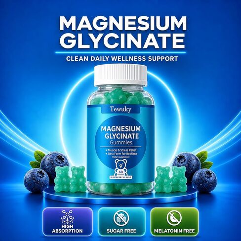Magnesium Glycinate Gummies 2 Bottles, Sugar-Free for Adults & Kids, Best Magnesium Gummies for Sleep, Stress & Muscle Relief, Supports Bone & Nerve Health, Vegan, Pectin-Based, Blueberry Flavor in Kuwait