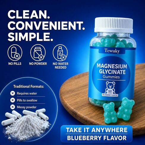 Magnesium Glycinate Gummies 2 Bottles, Sugar-Free for Adults & Kids, Best Magnesium Gummies for Sleep, Stress & Muscle Relief, Supports Bone & Nerve Health, Vegan, Pectin-Based, Blueberry Flavor in Kuwait