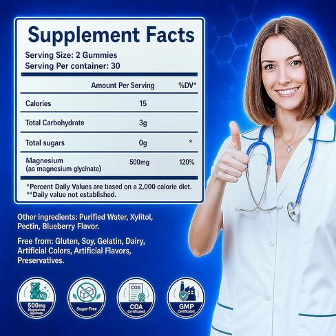 Magnesium Glycinate Gummies 2 Bottles, Sugar-Free for Adults & Kids, Best Magnesium Gummies for Sleep, Stress & Muscle Relief, Supports Bone & Nerve Health, Vegan, Pectin-Based, Blueberry Flavor in Kuwait