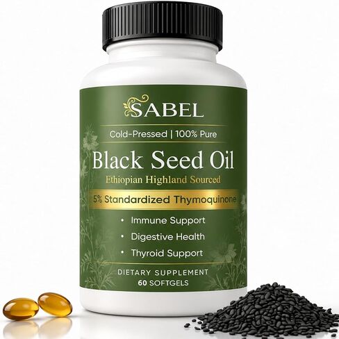 Sabel Ethiopian Black Seed Oil, Cold Pressed Black Seed Oil Capsules, 5% Thymoquinone, Digestive Balance & Daily Wellness Support, Non-GMO, Gluten-Free, 60 Count in Kuwait