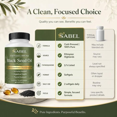Sabel Ethiopian Black Seed Oil, Cold Pressed Black Seed Oil Capsules, 5% Thymoquinone, Digestive Balance & Daily Wellness Support, Non-GMO, Gluten-Free, 60 Count in Kuwait