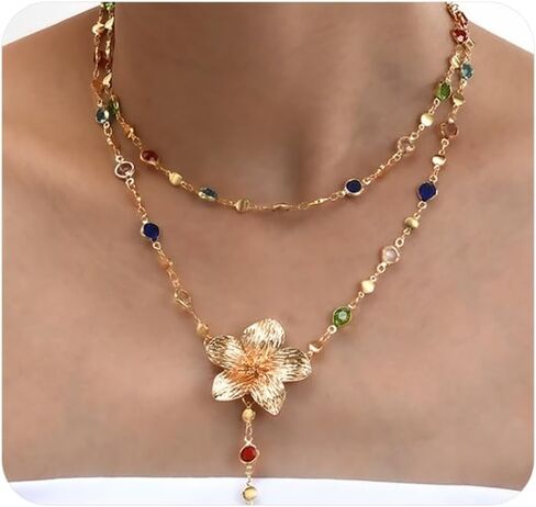 Layered Crystal Long Necklace for Women,Big Flower Rhinestone Lariat Necklace,Colorful Crystal Layering Y Necklace Set in Kuwait