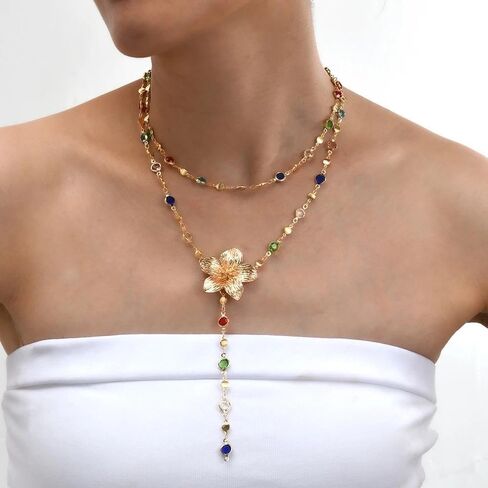 Layered Crystal Long Necklace for Women,Big Flower Rhinestone Lariat Necklace,Colorful Crystal Layering Y Necklace Set in Kuwait