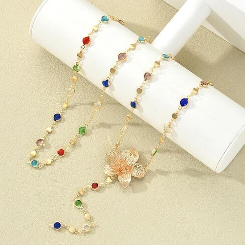 Layered Crystal Long Necklace for Women,Big Flower Rhinestone Lariat Necklace,Colorful Crystal Layering Y Necklace Set in Kuwait