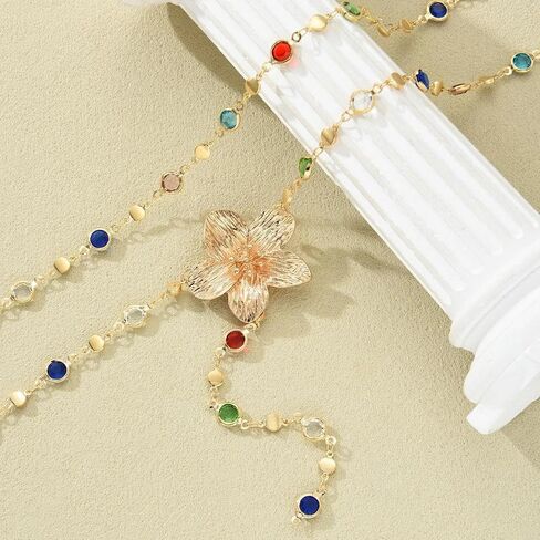 Layered Crystal Long Necklace for Women,Big Flower Rhinestone Lariat Necklace,Colorful Crystal Layering Y Necklace Set in Kuwait