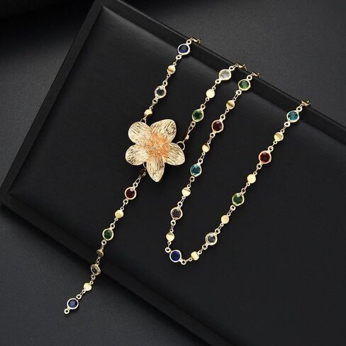 Layered Crystal Long Necklace for Women,Big Flower Rhinestone Lariat Necklace,Colorful Crystal Layering Y Necklace Set in Kuwait