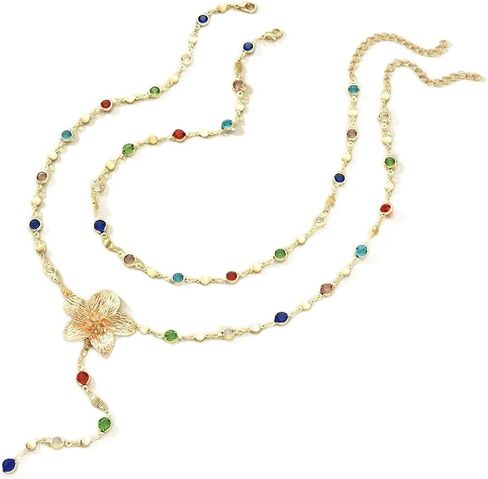 Layered Crystal Long Necklace for Women,Big Flower Rhinestone Lariat Necklace,Colorful Crystal Layering Y Necklace Set in Kuwait