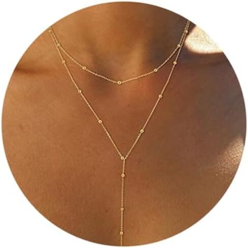 Ghloyza Gold Plated Necklace for Women Dainty Long Necklace Simple Y-Shape Pendant Necklace Trendy Layered Beaded Chain Minimalist Drop Necklaces Jewelry Gifts for Women in Saudi Arabia
