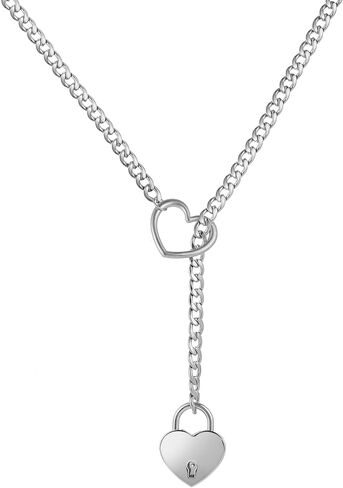 Heart Slip Chain Necklace for Women Goth Lock Heart Choker Collar for Women Punk Cuban Chain Necklace Stainless Steel O-rings Adjustable Lariat Y-Necklace with Key (silver) in Saudi Arabia