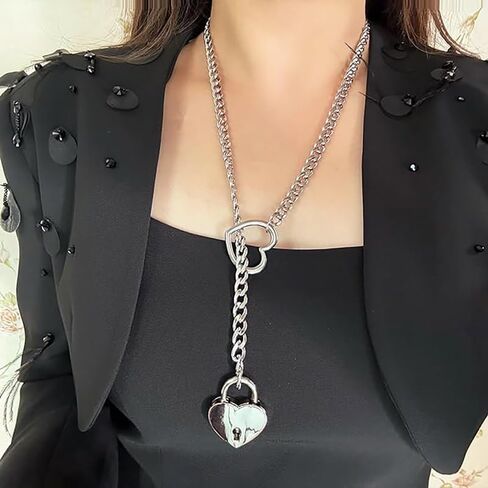 Heart Slip Chain Necklace for Women Goth Lock Heart Choker Collar for Women Punk Cuban Chain Necklace Stainless Steel O-rings Adjustable Lariat Y-Necklace with Key (silver) in Saudi Arabia