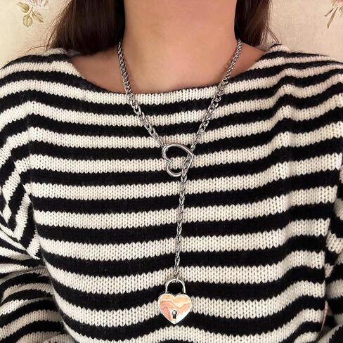Heart Slip Chain Necklace for Women Goth Lock Heart Choker Collar for Women Punk Cuban Chain Necklace Stainless Steel O-rings Adjustable Lariat Y-Necklace with Key (silver) in Saudi Arabia