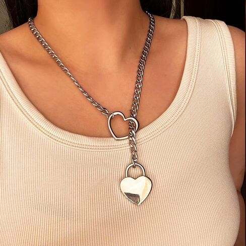 Heart Slip Chain Necklace for Women Goth Lock Heart Choker Collar for Women Punk Cuban Chain Necklace Stainless Steel O-rings Adjustable Lariat Y-Necklace with Key (silver) in Saudi Arabia