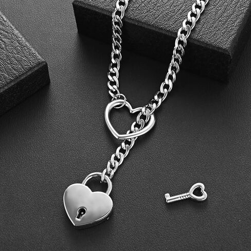Heart Slip Chain Necklace for Women Goth Lock Heart Choker Collar for Women Punk Cuban Chain Necklace Stainless Steel O-rings Adjustable Lariat Y-Necklace with Key (silver) in Saudi Arabia