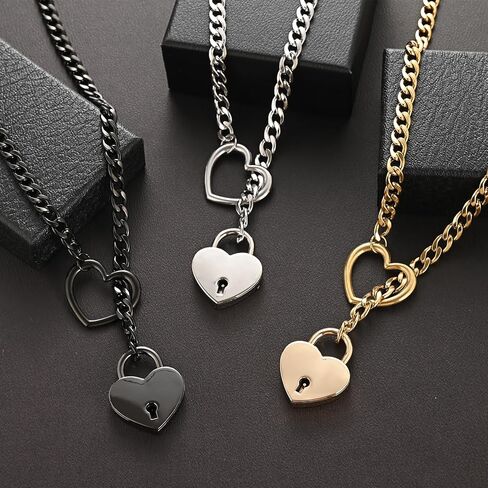 Heart Slip Chain Necklace for Women Goth Lock Heart Choker Collar for Women Punk Cuban Chain Necklace Stainless Steel O-rings Adjustable Lariat Y-Necklace with Key (silver) in Saudi Arabia