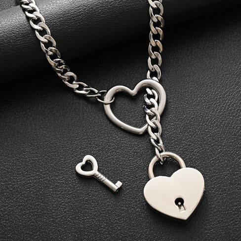 Heart Slip Chain Necklace for Women Goth Lock Heart Choker Collar for Women Punk Cuban Chain Necklace Stainless Steel O-rings Adjustable Lariat Y-Necklace with Key (silver) in Saudi Arabia