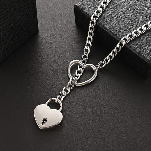 Heart Slip Chain Necklace for Women Goth Lock Heart Choker Collar for Women Punk Cuban Chain Necklace Stainless Steel O-rings Adjustable Lariat Y-Necklace with Key (silver) in Saudi Arabia