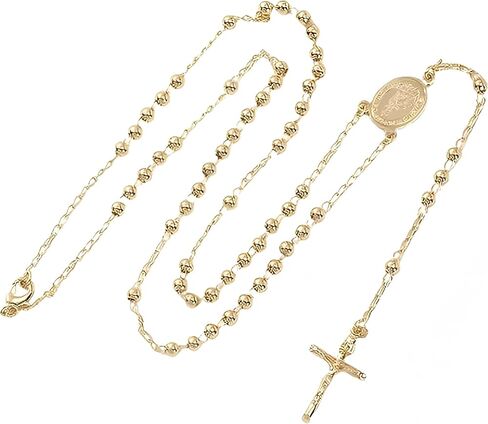 Gold long Necklace for Women Featuring The Virgin Mary, Rosary Cross, Y-shaped Sun Drop Dangles, and a Miracle Medal Pendant. It's a Beautiful Gift Idea! in Saudi Arabia