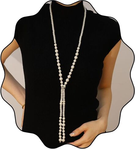 Vintage Long Pearl Y Necklace for Women, 1920s Faux Pearl Lariat Necklace with Rhinestone Heart Feather, 41.3 Inch Tassel Necklace in Kuwait