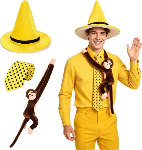 Man in the Yellow Hat Costume, Yellow Pointy Hat Polka Dot Tie Stuffed Monkey for Men Women Adult Halloween Cosplay in Kuwait