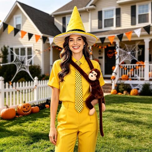 Man in the Yellow Hat Costume, Yellow Pointy Hat Polka Dot Tie Stuffed Monkey for Men Women Adult Halloween Cosplay in Kuwait
