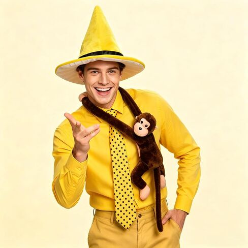 Man in the Yellow Hat Costume, Yellow Pointy Hat Polka Dot Tie Stuffed Monkey for Men Women Adult Halloween Cosplay in Kuwait
