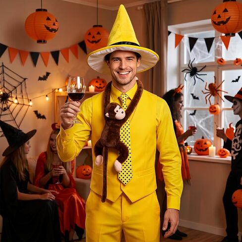 Man in the Yellow Hat Costume, Yellow Pointy Hat Polka Dot Tie Stuffed Monkey for Men Women Adult Halloween Cosplay in Kuwait