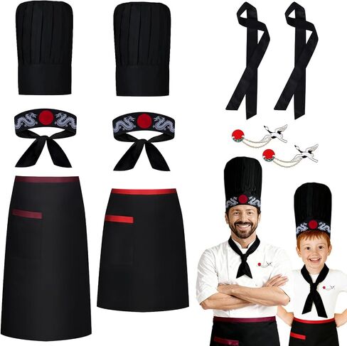 Japanese 8 Hibachi Chef Costume Set Teppanyaki Tall Cap with Hachimaki Headband Apron Accessories in Saudi Arabia
